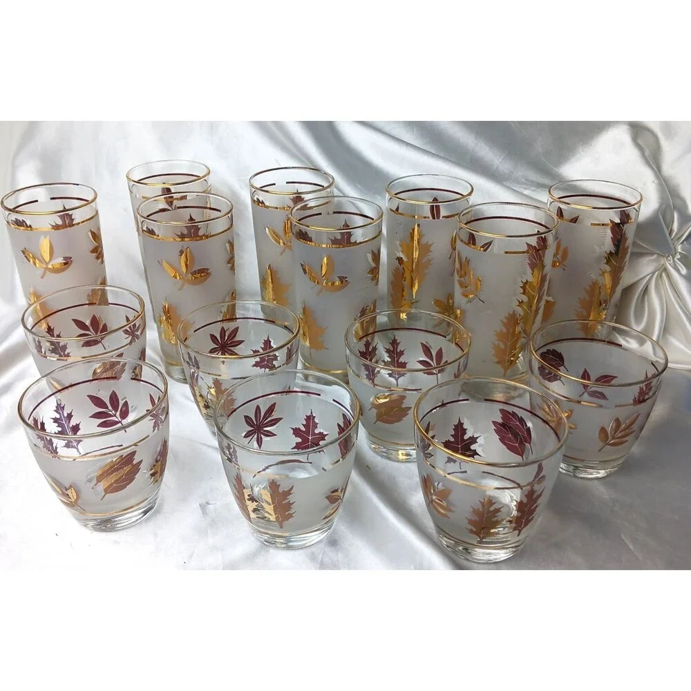 VINTAGE MCM FROSTED GOLD LEAF GLASSES-8 TUMBLERS & 8 OLD FASHIONED- LOT OF 16
